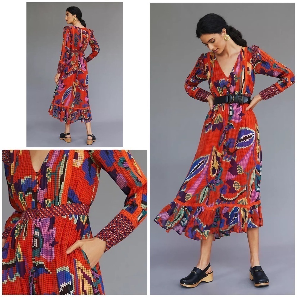 NWT by Anthropologie Floral Mosaic Tiles Buttons Tropical Maxi Midi Dress XS‌‌